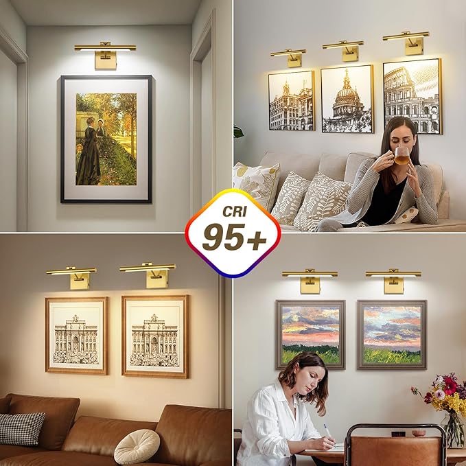 Joosenhouse Battery Operated Picture Light Set of 2, 12.6 Inch Brass Rechargeable Wall Art Light with Remote Timer and Dimmer Display Light for Bedroom, Living Room, Artwork Display