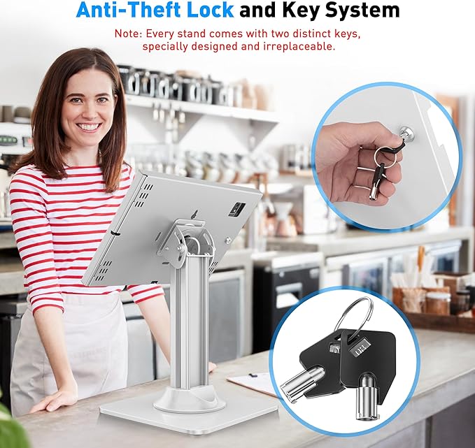 AboveTEK Anti-Theft iPad Kiosk Stand, POS iPad Security Stands, Aluminum Locking Tablet Stand with Heavy Duty Base, 360° Swivel & 75° Tilt, Retail Desk Mount for Business & Commercial Use (White)