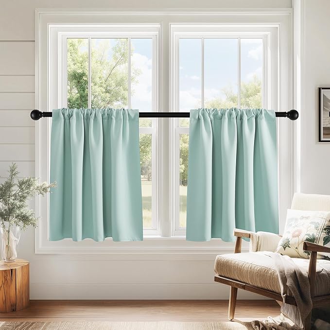 PONY DANCE Aqua Blue Small Window Curtains for Kitchen Over Sink 24 inch Length, Black Out Camper Curtains for RV, Thermal Insulated Rod Pocket Short Drapes, W 29 x L 24 inches,2 Panels