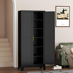 Metal Pantry Cabinet with 2 Doors and 5 Adjustable Shelves, 75"Kitchen Storage cabinets with Gold Handles, Versatile Storage for Laundry Room, Living Room, Bathroom, Dinning Room, Utility Room-Black