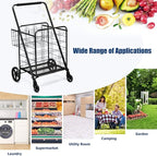 Goplus Folding Shopping Cart, Jumbo Double Basket Utility Grocery Cart 330lbs Capacity with 360° Rolling Swivel Wheels, Portable Heavy Duty Cart for Laundry Shopping Grocery