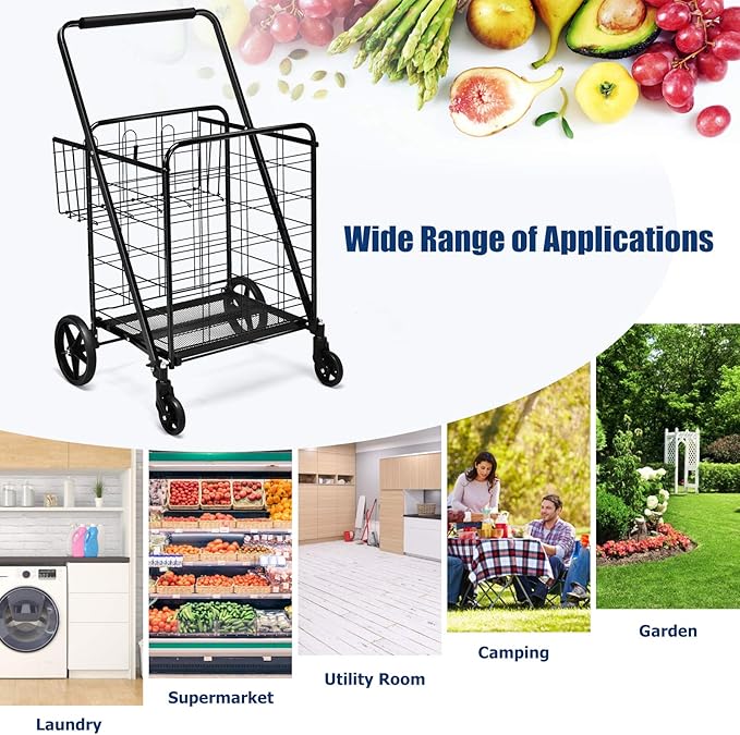 Goplus Folding Shopping Cart, Jumbo Double Basket Utility Grocery Cart 330lbs Capacity with 360° Rolling Swivel Wheels, Portable Heavy Duty Cart for Laundry Shopping Grocery