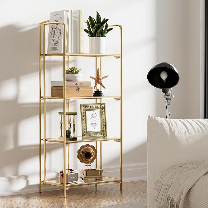 Crofy No Assembly Folding Bookshelf for Living Room, 4 Tier Gold Collapsible Book Shelf for Home Office, Portable Bookcase Storage Organizer