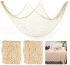 2 Pcs Fish Net Decorations, 39x78 Inch Cotton Nautical Themed Fishing Net, Wall Hanging Photo Display Fishnet for Coastal Bedroom Bathroom, Pirate Hawaiian Beach Under The Sea Party Decor, Beige
