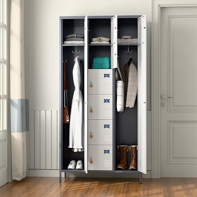 Aobabo Metal Lockable Storage Locker 8 Small Doors and 2 Big Doors, Metal Lockers for empolyees with Hooks, for School Home Office, Assembly Required, 10Doors, Grey White