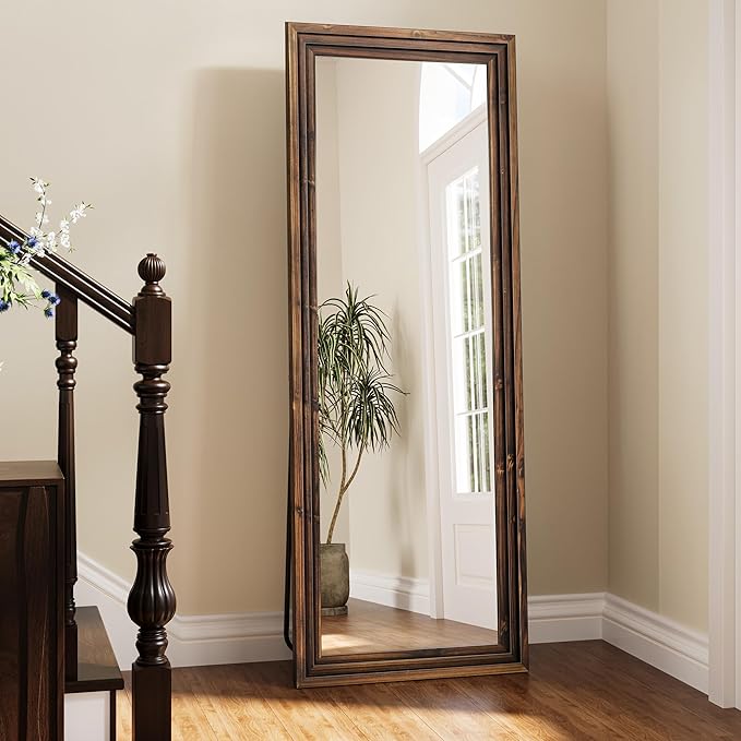 Full Length Mirror, 63"x21" Rustic Farmhouse Floor Mirror with Stand, Rectangular Solid Wood Frame in Walnut Finish, Full Body Mirror for Bedroom, Hallway & Living Room