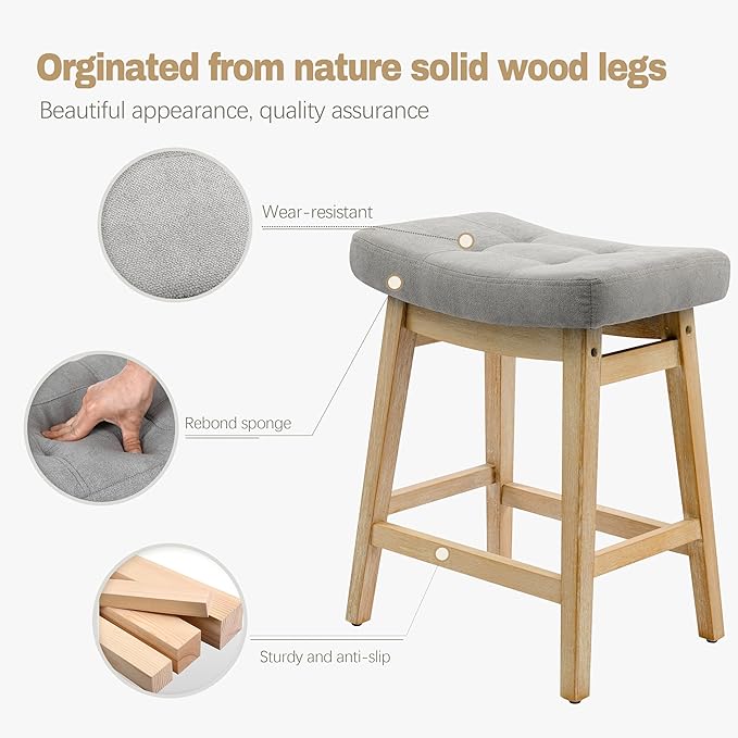 Counter Height Bar Stools Set of 6 for Kitchen Counter Farmhouse Modern Barstools with Upholstered Fabric Backless Seat and Solid Wood Legs 24 inch Bar Chairs, Grey + Wood Color