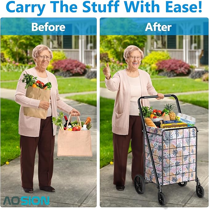 AOSION Folding Shopping Carts for Groceries,27GAL/220lb,Grocery Cart with 360° Rolling Swivel Wheels, Collapsible Rolling cart,Portable Utility Cart with Shopping Liner for Laundry Luggage Office