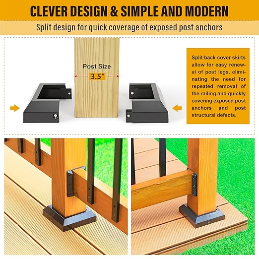 3.5"x3.5"（Actual: 3.5"x3.5"） Deck Post Base Cover Decorative Post Base Trim Skirt Black Aluminum 12Pack
