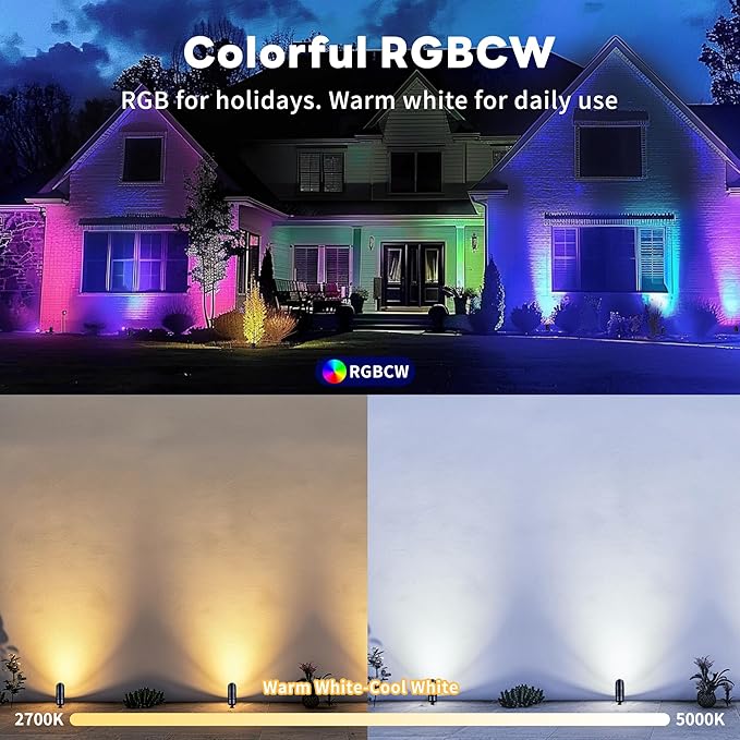 RGBCW Landscape Spotlights Low Voltage - Smart Color-Changing LED 12V Uplights, Spot Lights Outdoor Waterproof, App Control Works with Alexa, Aluminum Black for Outside Trees Wall 4 Pack