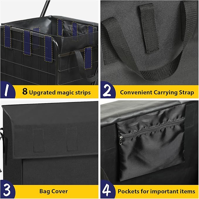 Shopping Cart for Groceries, 396 LBS Super Capacity Folding Utility Cart with Waterproof Liner, 360° Rolling Swivel Wheels Collapsible Cart, Heavy Duty Trolley for Laundry, Groceries (Jumbo+Bag)