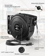 WILAWELS12 Gauge Retractable Extension Cord Reel, 45 FT 12AWG/3C SJTOW Heavy Duty Power Cord, 3 Grounded OutletsTriple Tap Cord Reel, Ceiling & Wall Mount, 15 Amp Circuit Breaker, UL Listed, H45CR06
