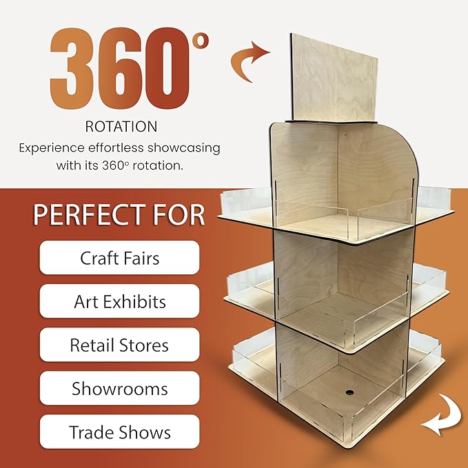 Versatile 4-Sided Rotating Display Stand for Candy, Snacks, Jams, Produce and More - Ideal for Craft Shows, Farmers Markets, and Retail Stores - 12 Shelves, Heavy-Duty Design, Easy Setup (Natural)