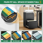 2 Drawer Metal File Cabinet with Lock, Rolling File Cabinets with Lock for A4/Legal/Letter Size, Under Desk Filing Cabinet for Home Office Assembly Required（Black）