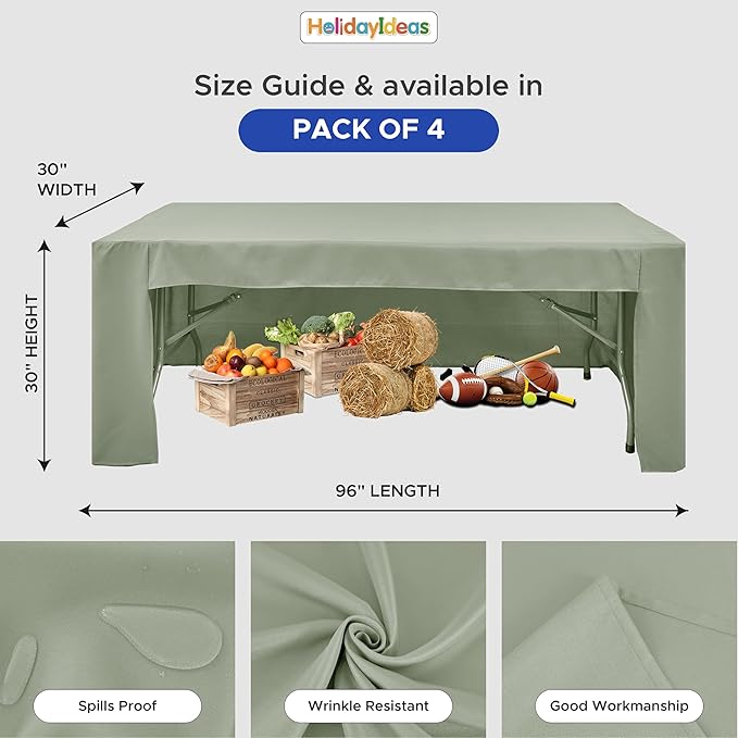 HolidayIdeas Open Back Fitted Tableclothss for 8 Foot Rectangle Table, Wrinkle Resistant Washable Table Covers 96x30 Inch for Craft Fairs, Banquets, Trade Show Display, Sage Green,4 Pcs