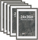 VCK 24x36 Poster Frame 5 Pack - Grey, High-End Wood Picture Frames with Polished Plexiglass, Display 20x30 Photo with Mat or 24x36 without Mat, Art Gallery-Quality, Wall Hanging, Grey