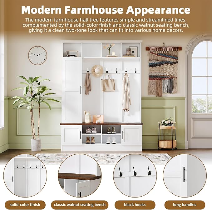 Merax Farmhouse Wood Hall Tree with 6 Hooks and Shoe Bench, Mudroom Versatile Coat Racks with Cabinets and Shelves, Entrance Organizer for Hallway White
