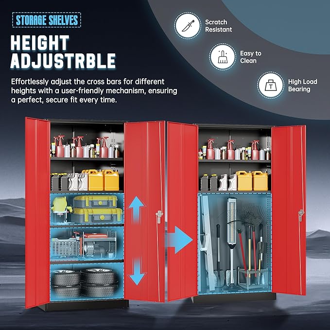 Superday Metal Storage Cabinet with Lock, 72" H Garage Storage Cabinet with Doors and 4 Adjustable Shelves,Black Red Steel Locking Cabinets for Office, Home, Garage, Gym, School