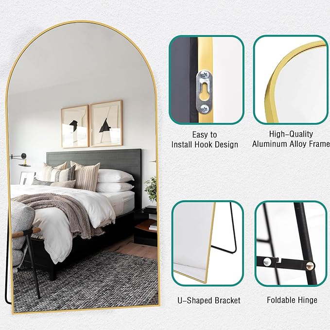 TinyTimes 81''x41'' Oversized Full Length Mirrors, Arched Floor Mirror with Stand, Full Body Large Oversized Standing Mirror/Leaning/Hanging Wall Mounted for Living Room, Bedroom, Gold