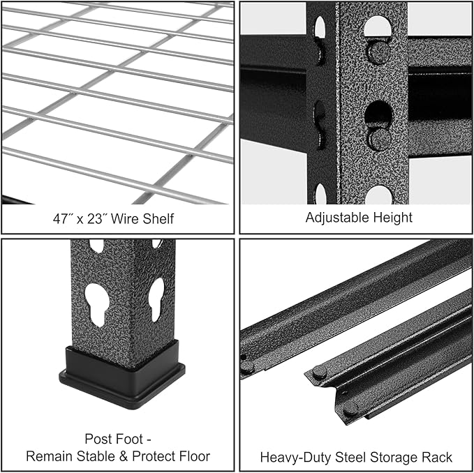 WORKPRO 5-Tier Metal Storage Shelving Unit, 48”W x 24”D x 72”H, Adjustable Storage Rack Heavy Duty Shelf, 4000 lbs Load Capacity (Total), for Garage, Kitchen, Bathroom, Warehouse, Black/Sliver, 10 PCS