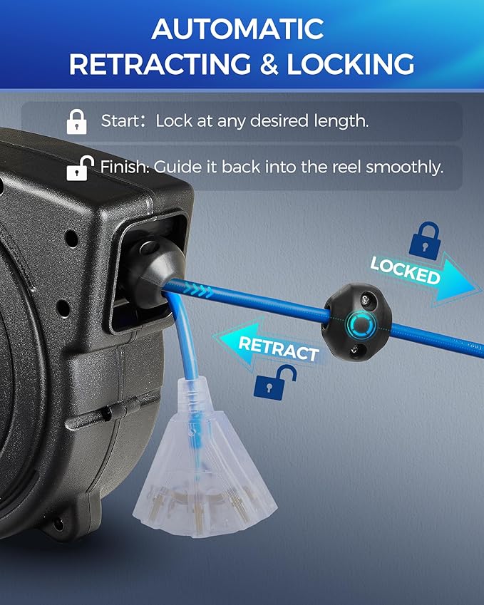 Retractable Extension Cord Reel, 45 FT Heavy Duty Power Cord, 12AWG/3C SJTOW, 3 Grounded Outlets Lighted Triple Tap, 15 Amp Circuit Breaker, UL Listed, Blue U45CR06