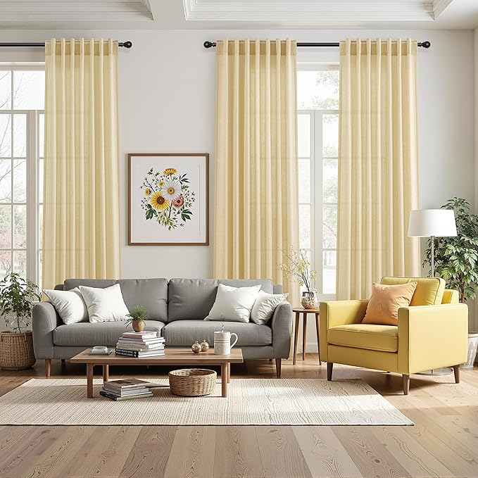 Nanspring Cream Yellow Curtains 72 Inches Long for Living Room Linen Blend Light Filtering Modern Farmhouse Semi Sheer Curtains Back Tab Privacy Neutral Curtain for Bedroom Office 52x72,2 Panels