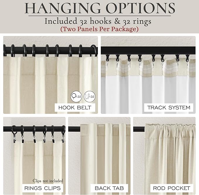 Floor to Ceiling Full Blackout Cream Linen 108 Inch Curtains 2 Panels Set for Sliding Glass Door, Luxury Pleated Thermal Window Drapes with Back Tab for Bedroom Thick Curtain 9 FT Room Darkening Burg