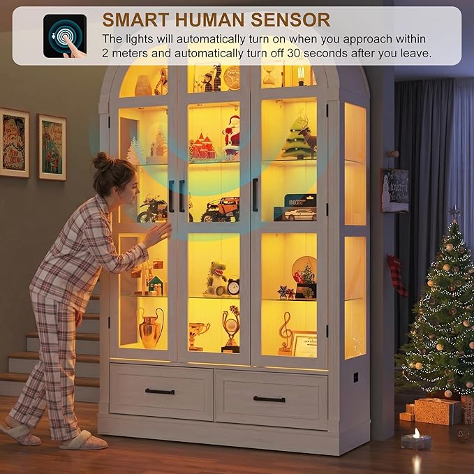 Arched Display Cabinet with 3 Glass Doors,5-Tier Curio Cabinet W/3 Color Lights for Collectibles,78'' Tall Curio Cabinet W/2 Drawers,Modern Display Case W/Human Body Sensor for Living/Game Room,Arche