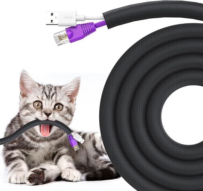 Dog and Cat Cord Protector 10ft - 3/8inch, Flexible Cable Sleeve for Easy Cord Management, Protects Cables from Pets Chewing, Ideal for USB, Power, Audio and Video Cords - Black