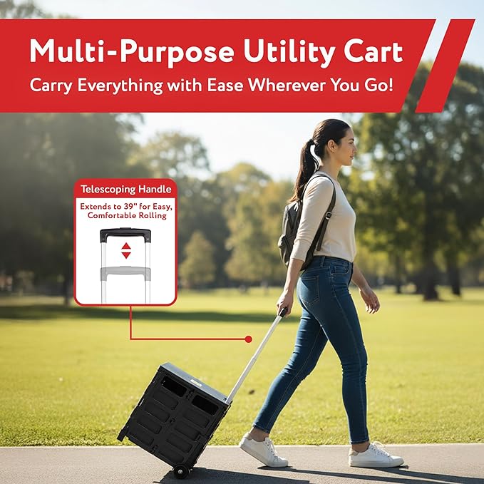 dbest products Quik Cart Pro Wheeled Rolling Crate Teacher Utility with seat Heavy Duty Collapsible Basket with Handle, Black