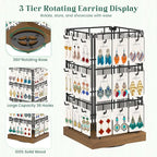 EsLuker.ly Rotating Earring Display Holder Stand for Vendors Events Selling, Large Capacity 36 Hooks Jewelry Rack with Wooden Base for Earring Card Sales, Enhances Retail Visibility(Brown)