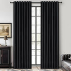 Black Blackout Curtains 96 Inches Long 2 Panel Set, Sun Blocking Curtains for Bedroom Modern Black Window Linen Drapes Thermal Insulated Pleated with Heading Tape Pin Hooks (W50 xL96)