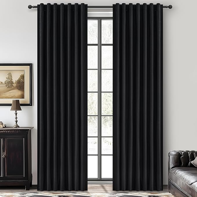 100% Blackout 100 Inch Long Black Curtains for Bedroom 2 Panels Set, Modern Pleated Lush Decor Curtain Rod Pocket Black Boho Insulated Soundproof Large Window Heavy Linen Drape 50" Wx100 L