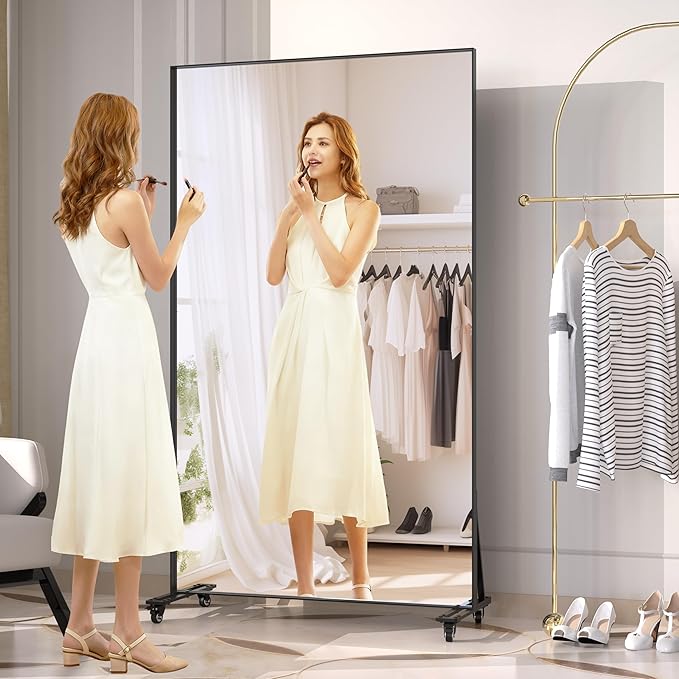 ANYHI Full Length Mirror with Wheels, 360° Swivel Full Body Rolling Mirror, 39.7"*69.5" Sturdy Standing Floor Mirror for Home Gym, Bedroom, Yoga & Dance Studio