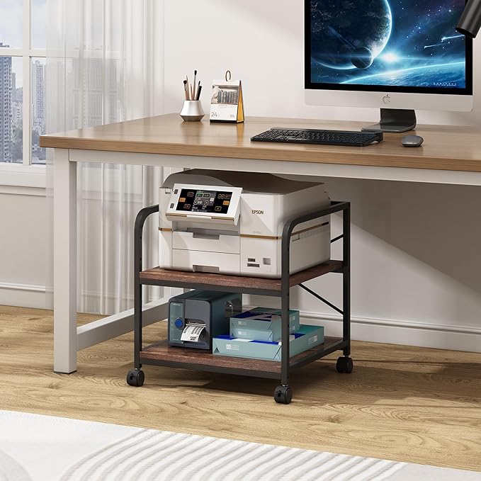 Under Desk Printer Stand, 20 Inches Deep Large Printer Table with Height Adjustable Storage Shelf, 2 Tier Rolling Printer Cart with Wheels for Home Office - Rustic Brown