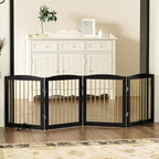 Freestanding Pet Gate for Dogs, Foldable Wooden Dog Gate for House, Indoor Dog Gate for Stairs, Doorways, Step Over Pet Puppy Safety Fence, 80 Inch Wide, 4 Panels 24", Black & Gold