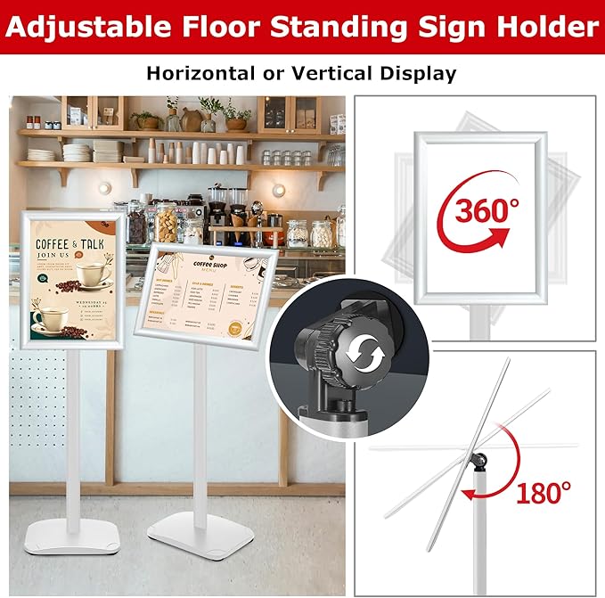 Heavy Duty Standing Sign Holder 11x17 Inch - Pedestal Floor Sign Stand with Weighted Base - Vertical & Horizontal View Poster/Menu Holder for Indoor/Outdoor Business Store Advertising, Silver