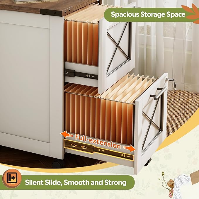 DEVAISE 2 Drawer File Cabinet with Hanging Files,Mobile Rolling Storage Cabinet for Home Office,Under Desk Filing Cabinet with Lock,Printer Stand,White