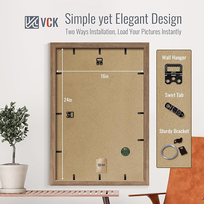 VCK 16x24 Poster Frame 2 Pack - Walnut, High-End Wood Picture Frames with Polished Plexiglass, Display 12x18 Photo with Mat or 16x24 without Mat, Art Gallery-Quality, Wall Hanging, Walnut