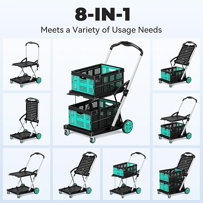 Collapsible Shopping Cart with Wheels, 8-in-1 200LBS Capacity Grocery Cart on Wheels with 2 Storage Crate, Folding Utility Cart for Shopping, Travel, Supermarket, Office, Teal