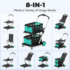 Collapsible Shopping Cart with Wheels, 8-in-1 200LBS Capacity Grocery Cart on Wheels with 2 Storage Crate, Folding Utility Cart for Shopping, Travel, Supermarket, Office, Teal