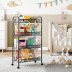 4-Tier Metal Utility Cart, Mesh Wire Rolling Cart on Wheels, Storage Trolley with Easy Assembly, Organizer Craft Cart 3 Hooks, Mobile Shelving Unit for Bathroom, Laundry Room, Home