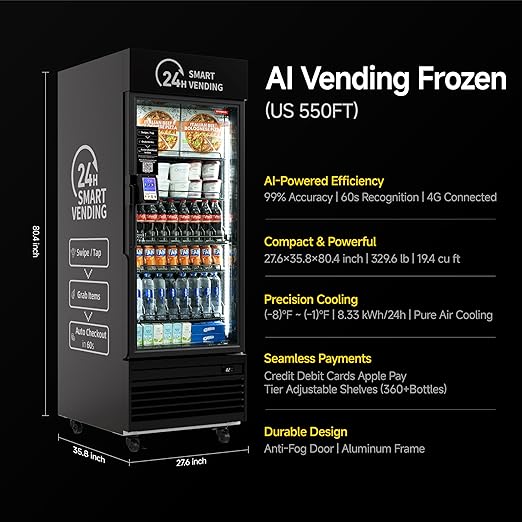 HAHA Smart Vending DC-550D Combo Vending Machine,Smart Refrigerated Beverage Vending Machine with Touch Card Reader - Capacity 378 Bottles (Black, AI Frozen)