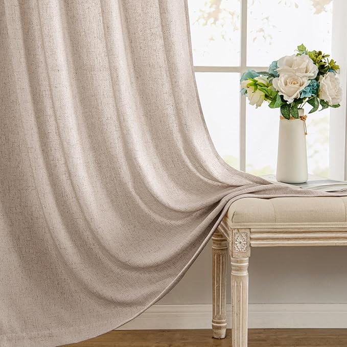MIULEE Non-See-Through Privacy Linen Curtains 2 Panels, Light Filtering Window Curtains Farn House Textured Back Tab Semi Sheer Drapes for Bedroom Living Room, 52 x 63 Inches Long, Burlywood