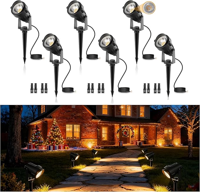 L LOHAS LED 5W Low Voltage Landscape Lighting, Christmas Outdoor Spot Lights with Connectors, 12V 24V IP66 Waterproof 3000K Warm White Plug in Spotlights for Yard, Garden, Pathway, House (6 Pack)