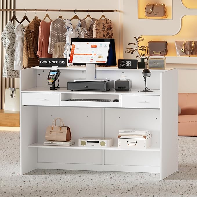 PAKASEPT Reception Desk with Counter for Retail & Checkout,Modern Front Reception Counter with LED Lights,Drawers & Open Shelves,Retail Counter with Storage for Countertop,Beauty Salon,Shop,Bar,White