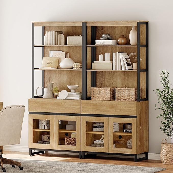WAMPAT 2 PCS Modern 72" Tall Bookcase with 2 Drawers and Open Book Shelfs, Library Book Shelf with Storage Cabinet and Glass Doors, Wood Freestanding Bookshelves for Home Office, Living Room, Oak