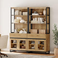 WAMPAT 2 PCS Modern 72" Tall Bookcase with 2 Drawers and Open Book Shelfs, Library Book Shelf with Storage Cabinet and Glass Doors, Wood Freestanding Bookshelves for Home Office, Living Room, Oak