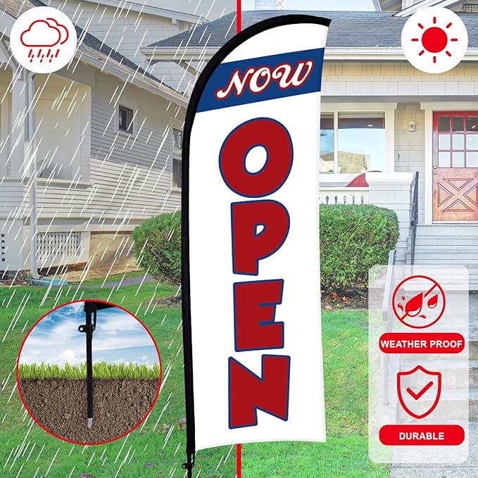 Buryeah 3 Sets Now Open Feather Flag Pole Kit for Business Advertising 7 ft Open Flag Banner Sign with Pole Kit Ground Stake and Portable Bag for Outside Ground (White and Blue)