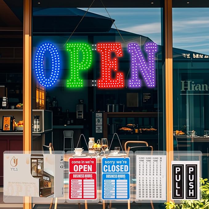 LED Open Signs for Business 30"x10" Dimmable 7 Color Bright Business Open Sign with Hanging Installation for Window Stores, Hotel, Store, Bar, Retail Shop, Salon, Restaurant